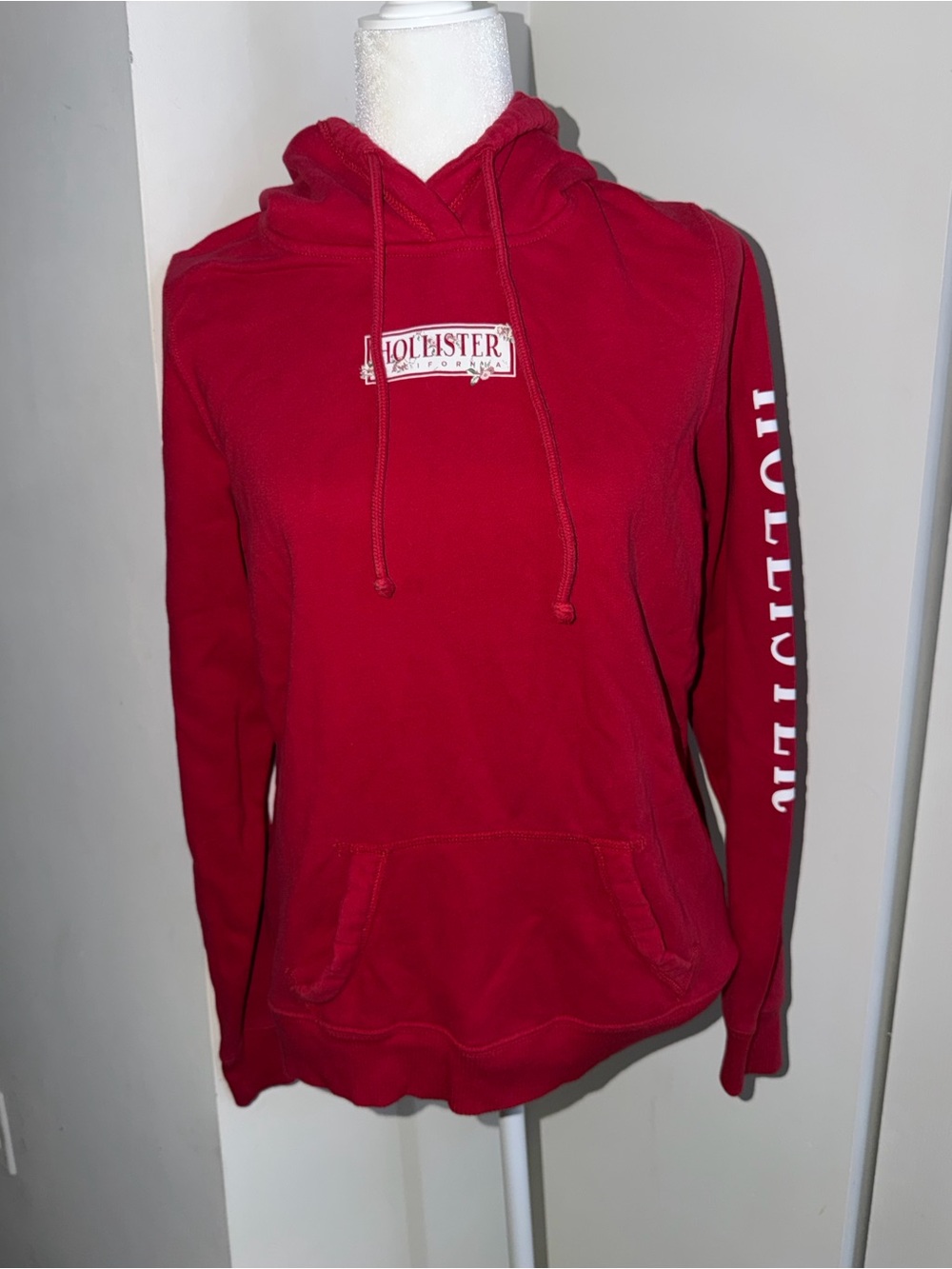 Hollister Women's Bright Red Hoodie with Sleeve Logo